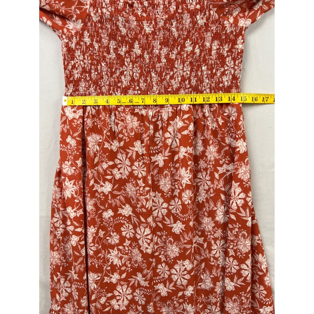 Melrose and Market Floral Smocked Midi Dress Women Large Orange Puff Sleeve Boho - Picture 7 of 10